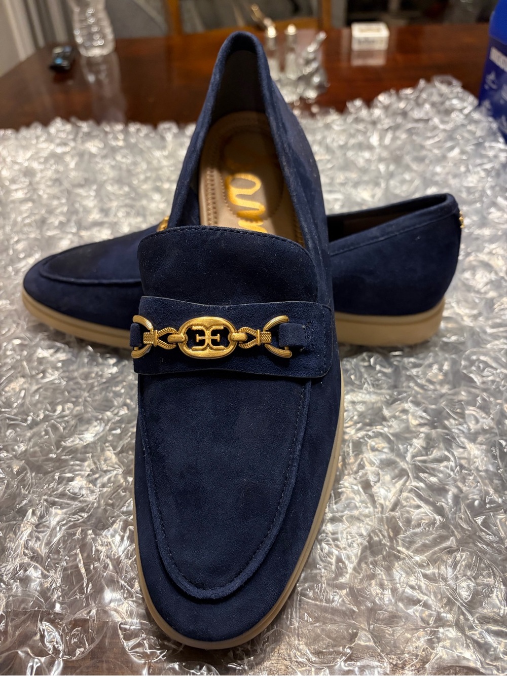 Sam Edelman Navy Suede Loafers with Gold Chain Accent